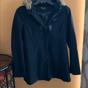 Black Mid-Length Coat with faux fur hood